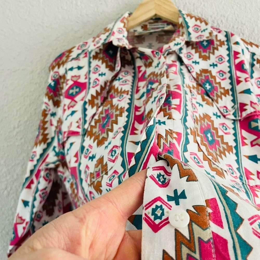 Vintage Geometric Button Down Shirt - Pink, Brown, Blue - Picture 7 of 13